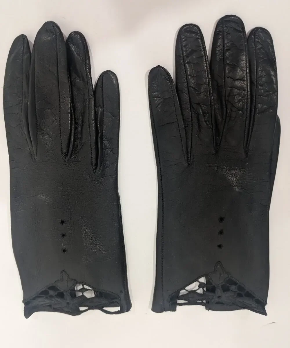 Vintage 1950s Black Soft Kidskin Leather Gloves Crochet Lace Inset Cutout Wrist